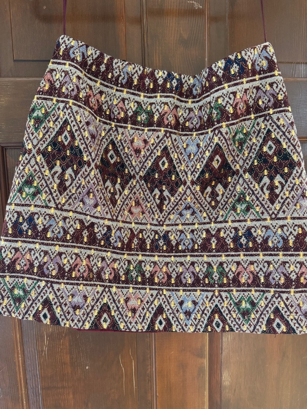 Blue Rain Embellished Geometric Mini Skirt in Burgundy Multi